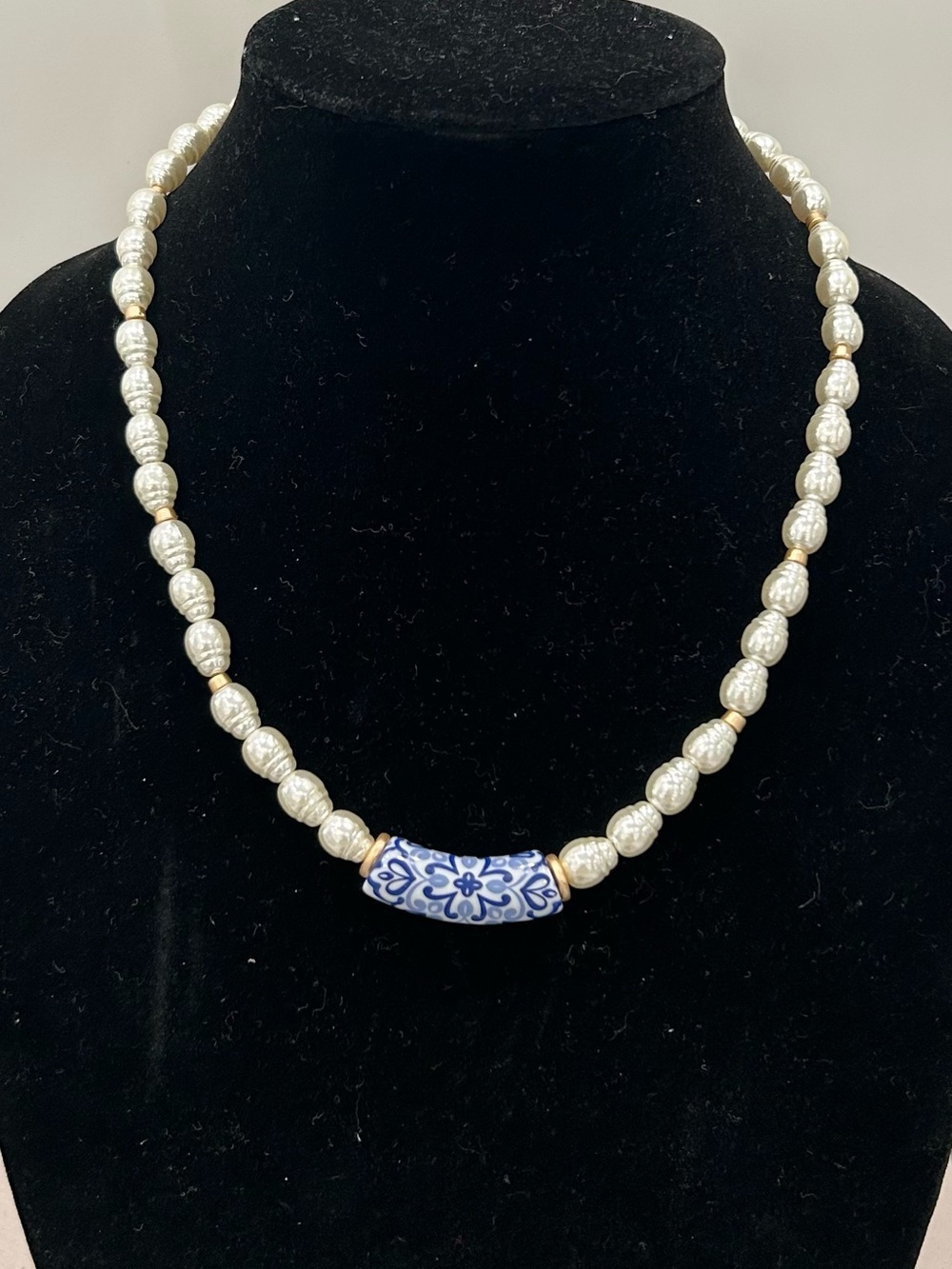 Pearl Necklace with Blue Ceramic Accent